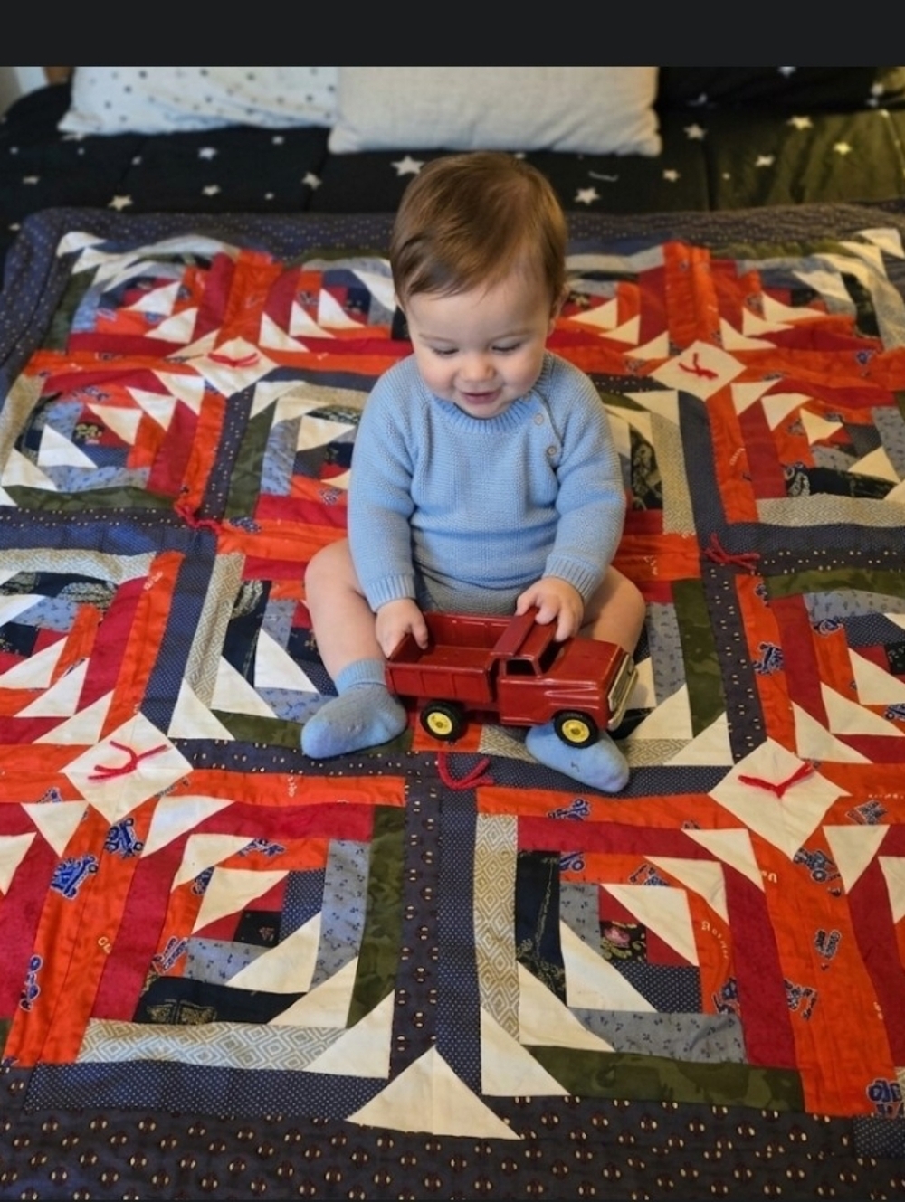 Baby Boy Blanket Vtg Quilt Top Trucks & Planes Nursery